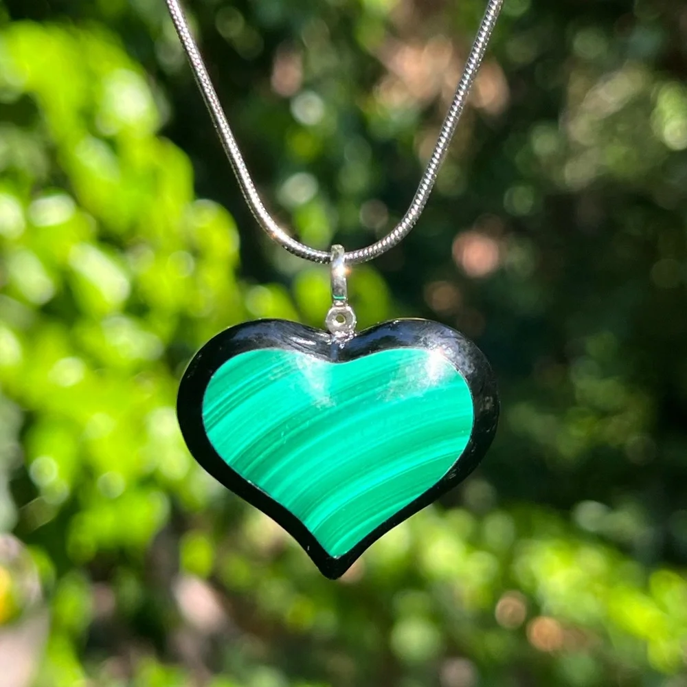 Sterling silver malachite black‎ obsidian heart pendant 1683